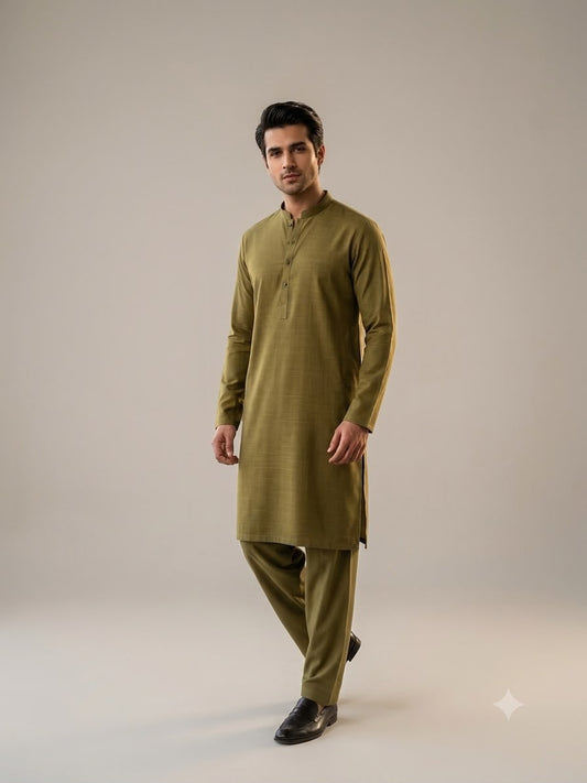 Olive Green Men's Premium Kurta Shalwar – Classic Fit